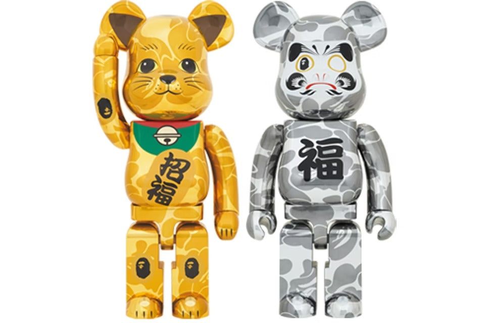 Bearbrick x BAPE Maneki Neko & Daruma 1000% 2x Set Gold & Silver Plated